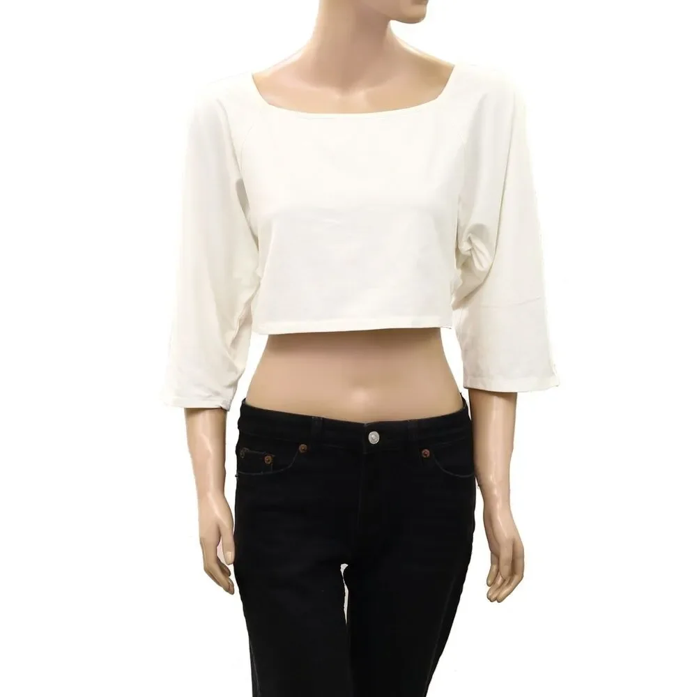 Free People Open-Back Cropped Blouse Top White 3/4 Sleeve Cotton White S 289862
